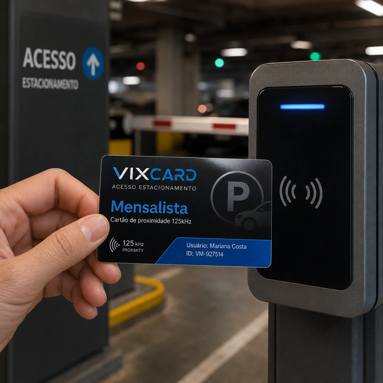 Cartão 125kHz mensalista sendo aproximado da leitora de estacionamento
