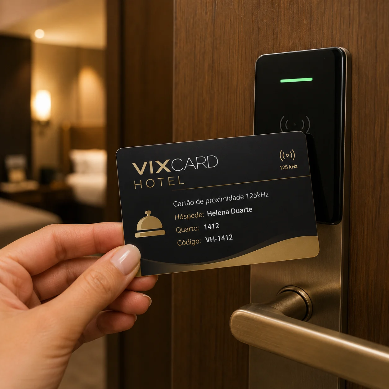 Cartão 125kHz de hotel sendo aproximado da fechadura eletrônica
