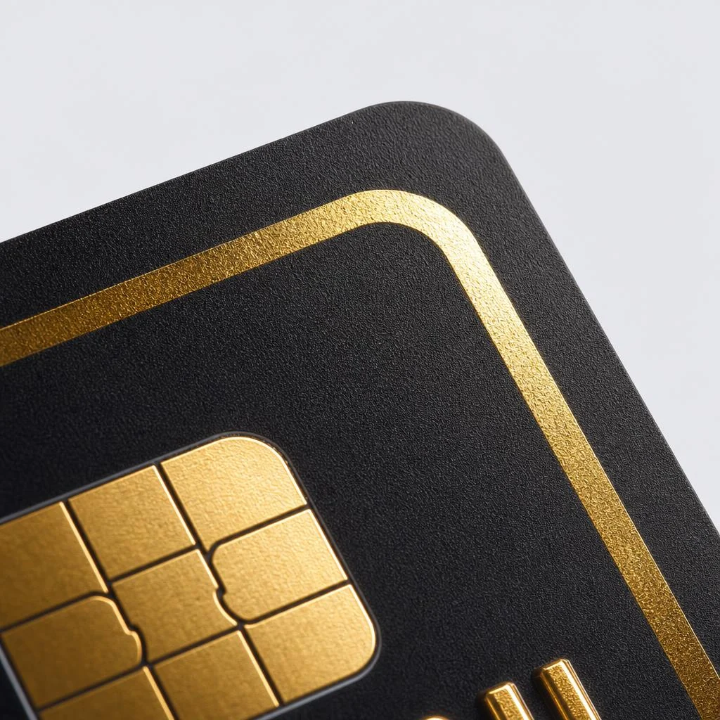Detalhe do foil dourado no cartão preto