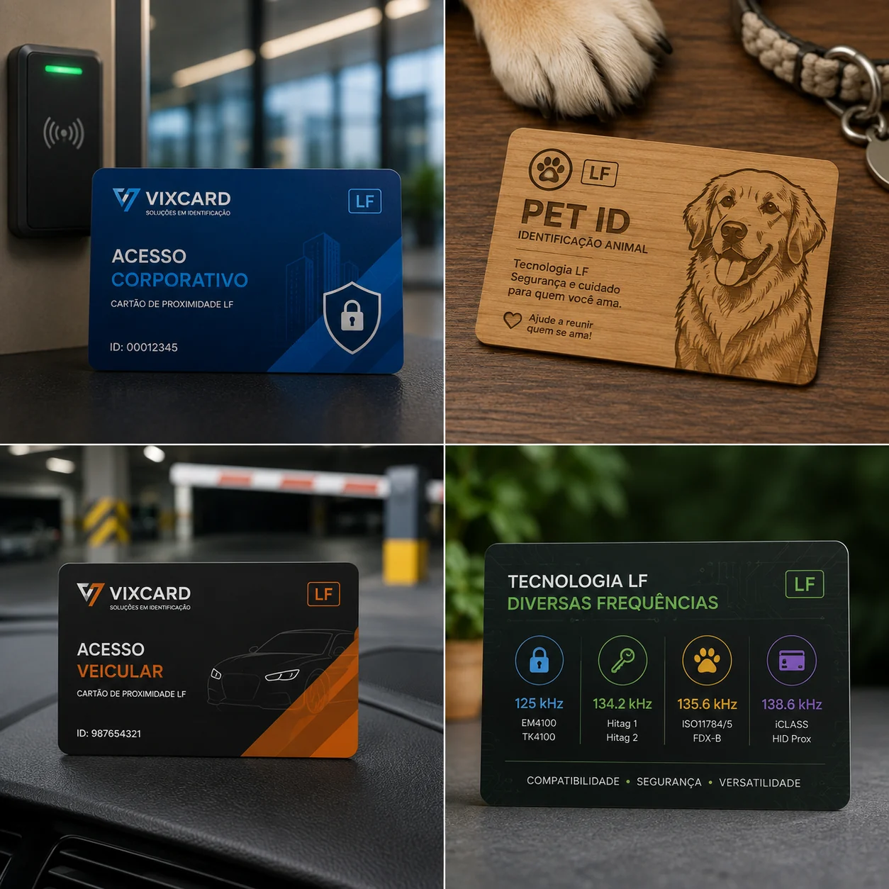 Cartões LF diversas frequências — Acesso Corporativo, Pet ID, Acesso Veicular e especificações técnicas