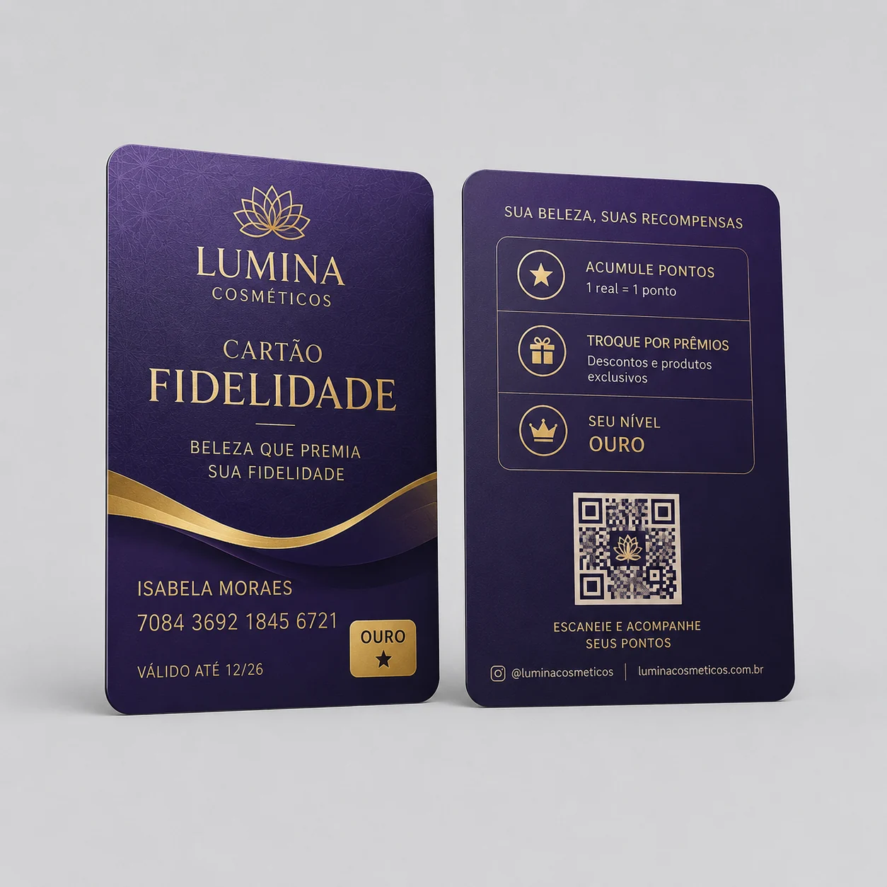 Cartão fidelidade em PVC personalizado Lumina Cosméticos, frente e verso