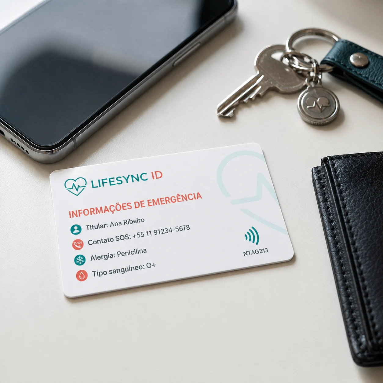 Cartão NTAG 213 informações de emergência LifeSync ID — Vixcard