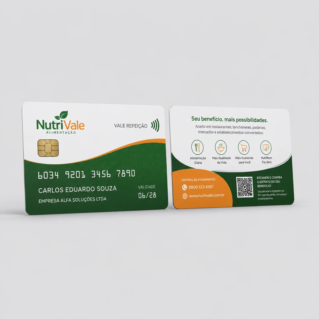 Cartão em PVC personalizado NutriVale com chip e NFC, frente e verso