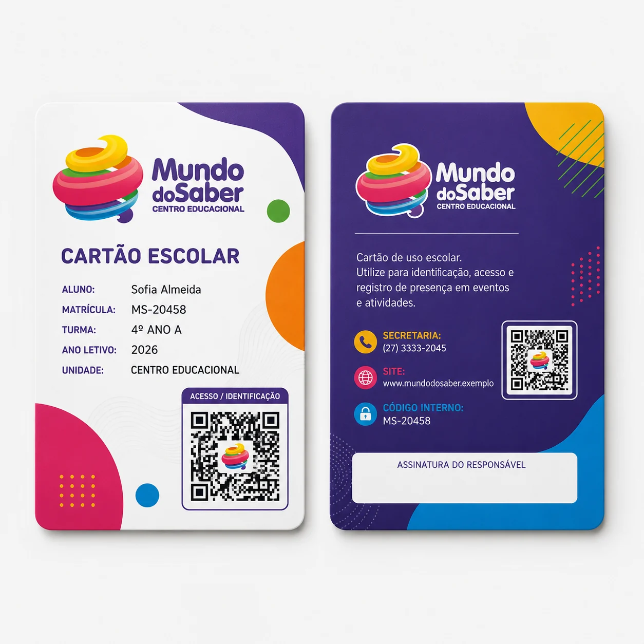 Cartão Escolar com QR Code de identificação e acesso — frente e verso — Vixcard