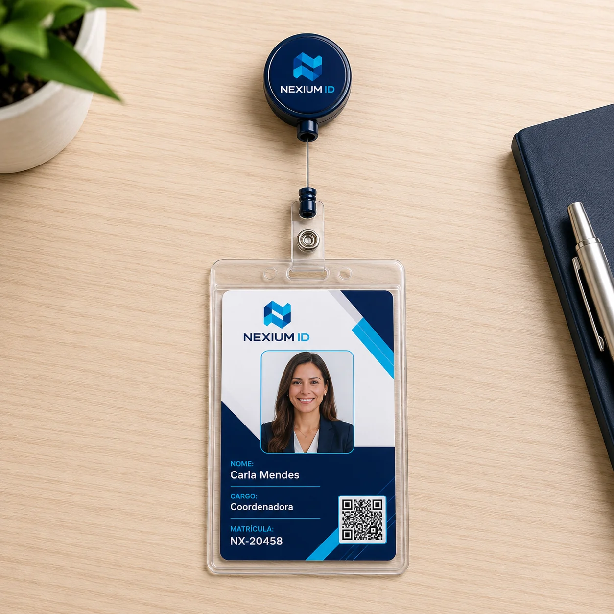Crachá vertical em porta-crachá transparente com clip retrátil yo-yo — Vixcard