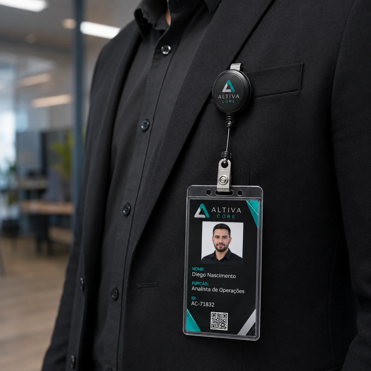 Crachá corporativo vertical com clip retrátil preto preso ao paletó — Vixcard