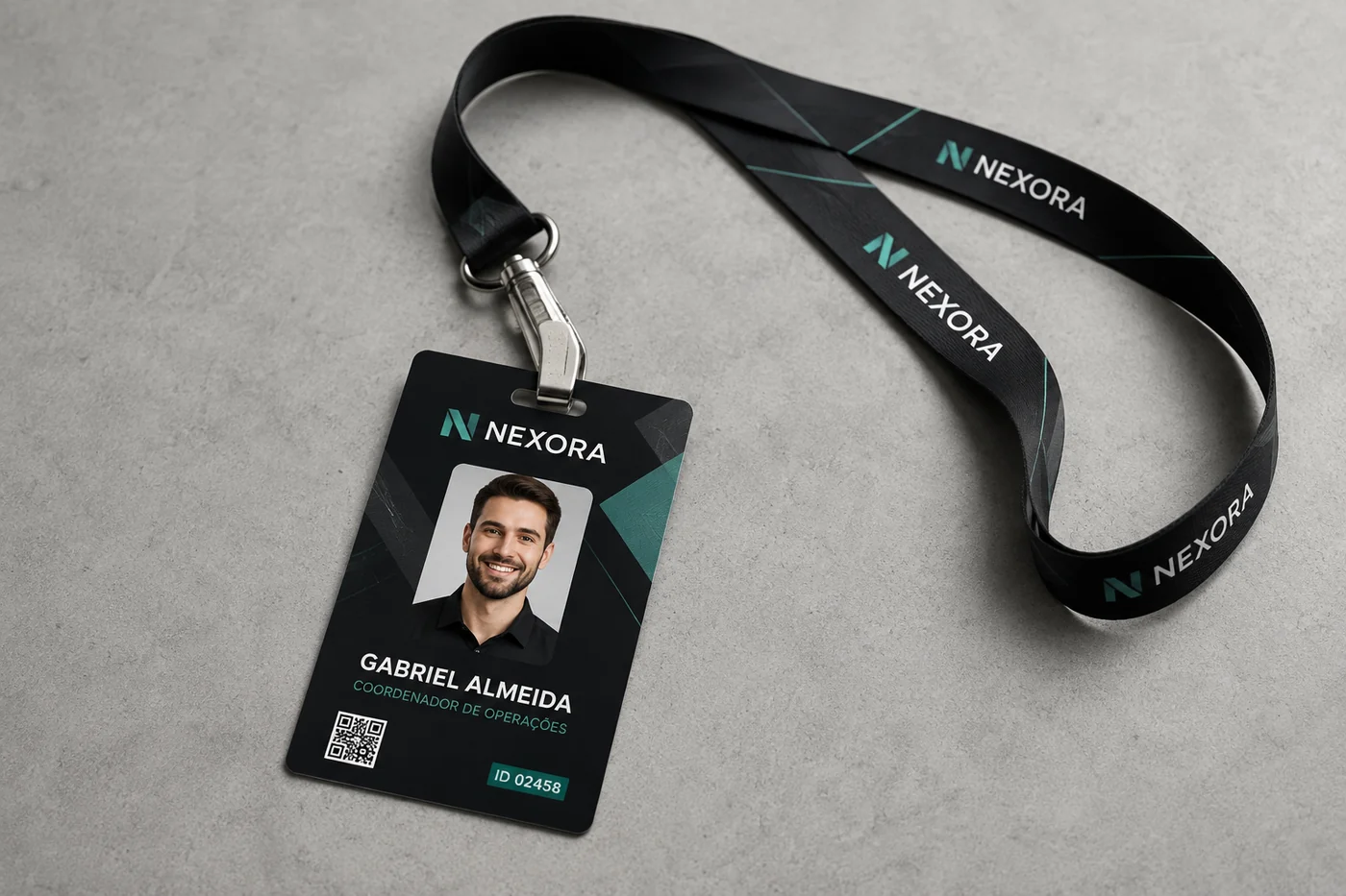 Crachá PVC personalizado preto com cordão impresso e presilha jacaré — Vixcard