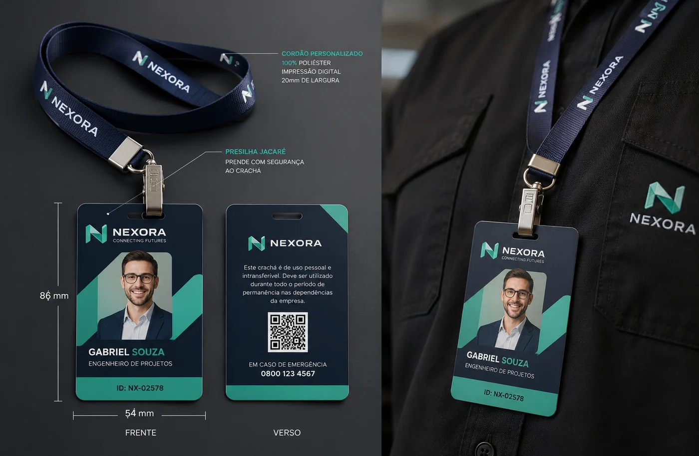 Kit crachá Nexora com cordão personalizado e presilha jacaré - frente e verso