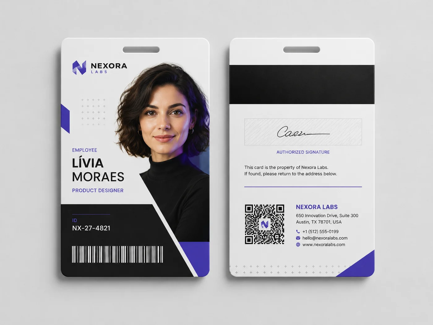 Crachá PVC personalizado com código de barras e QR Code — modelo Nexora Labs — Vixcard