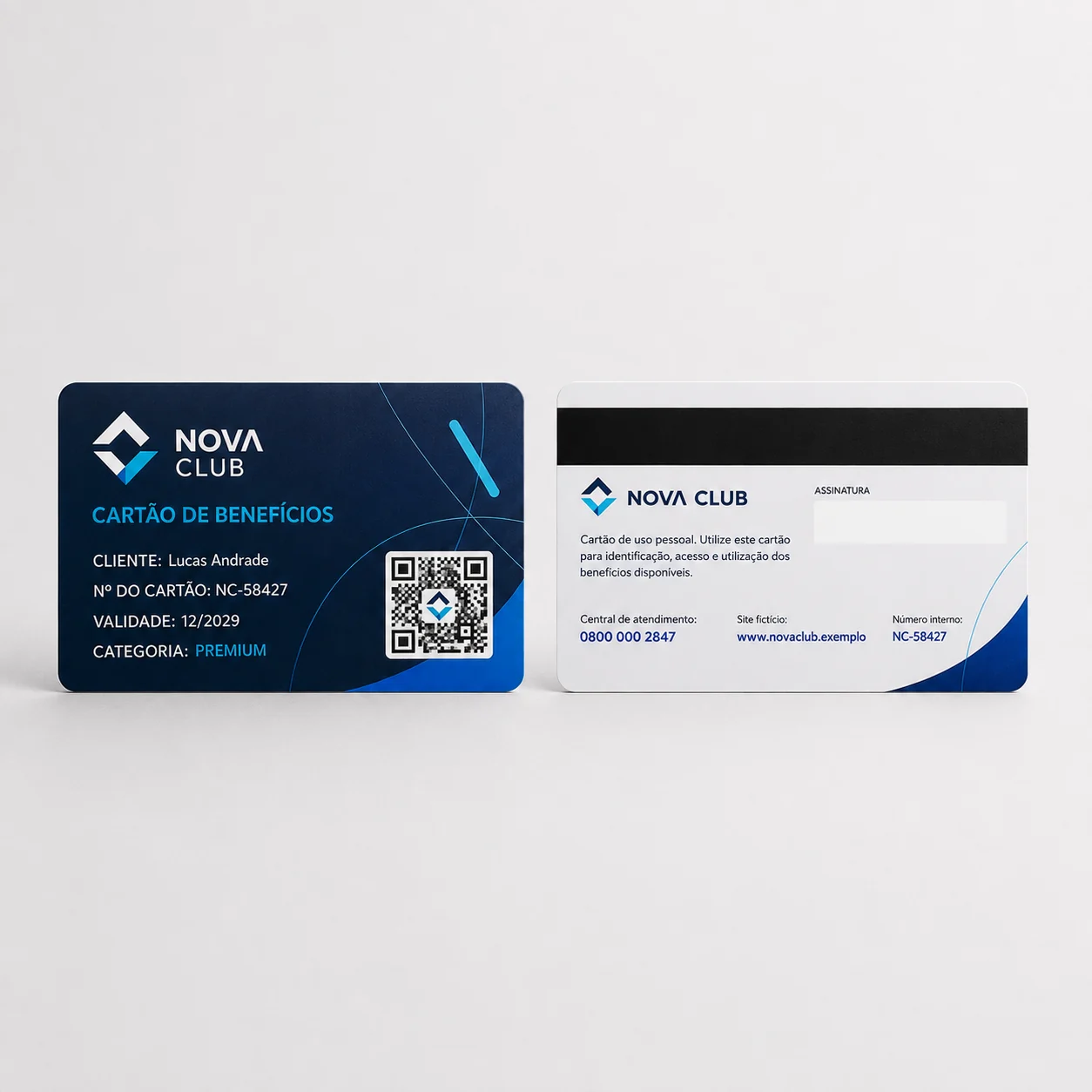 Cartão PVC com tarja magnética de baixa coercividade Nova Club, frente e verso