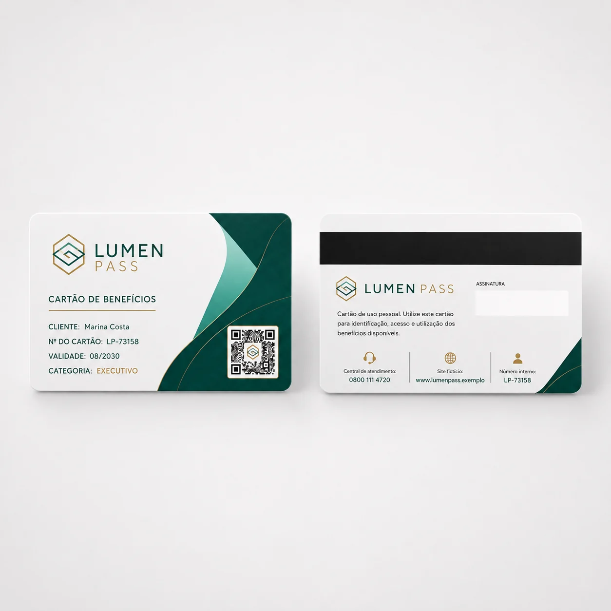 Cartão de benefícios Lumen Pass com tarja magnética baixa coercividade, frente e verso