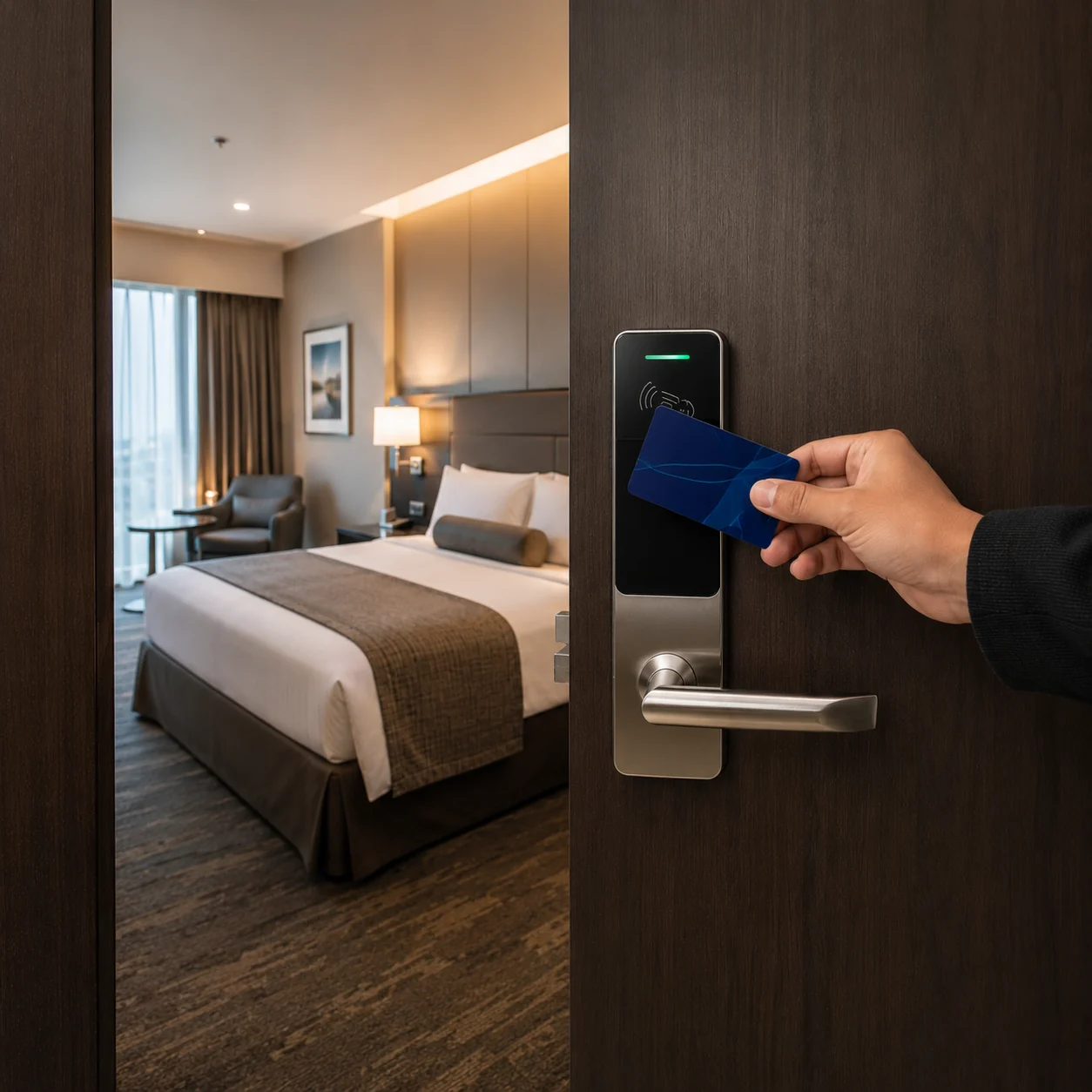 Cartão com tarja magnética sendo usado em fechadura eletrônica de quarto de hotel