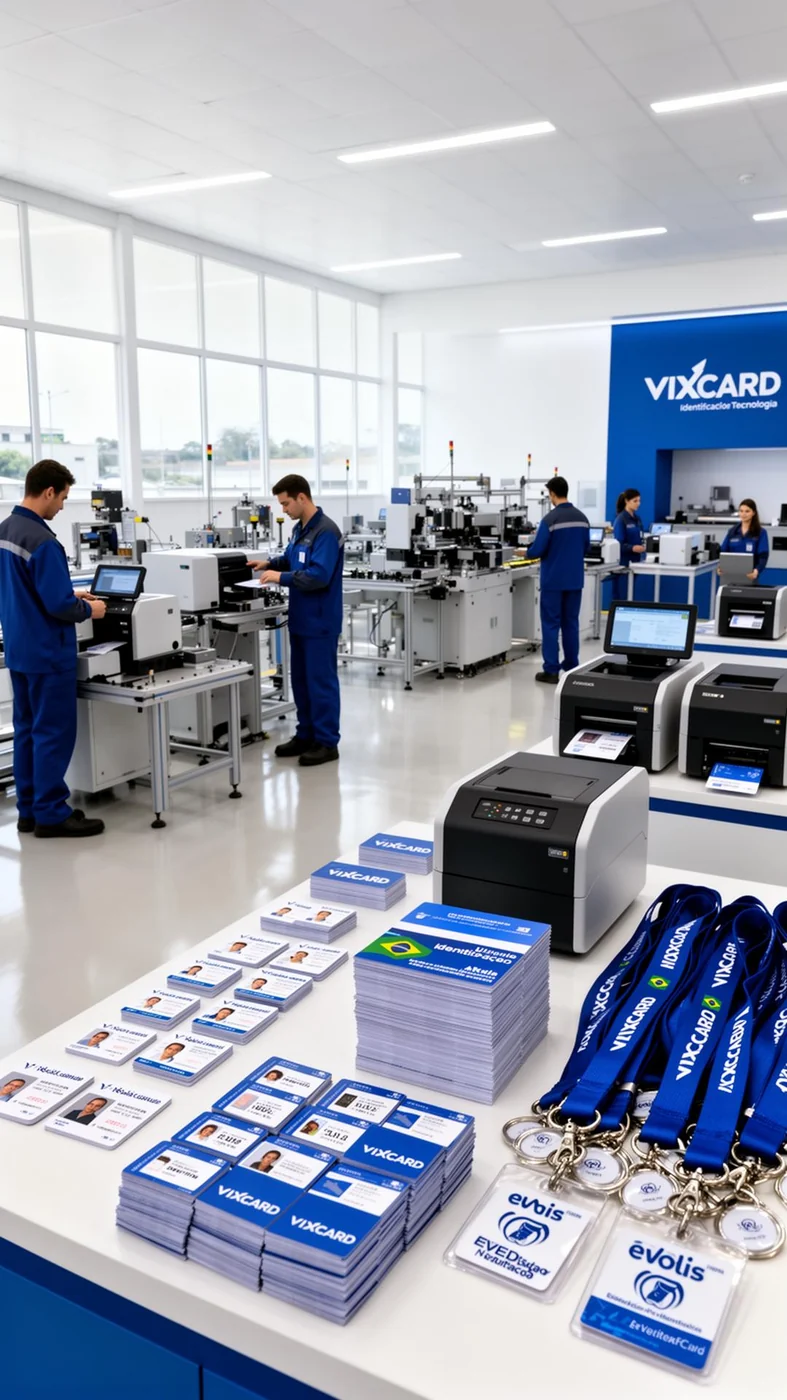 Fábrica e equipe da Vixcard produzindo cartões PVC, crachás e credenciais