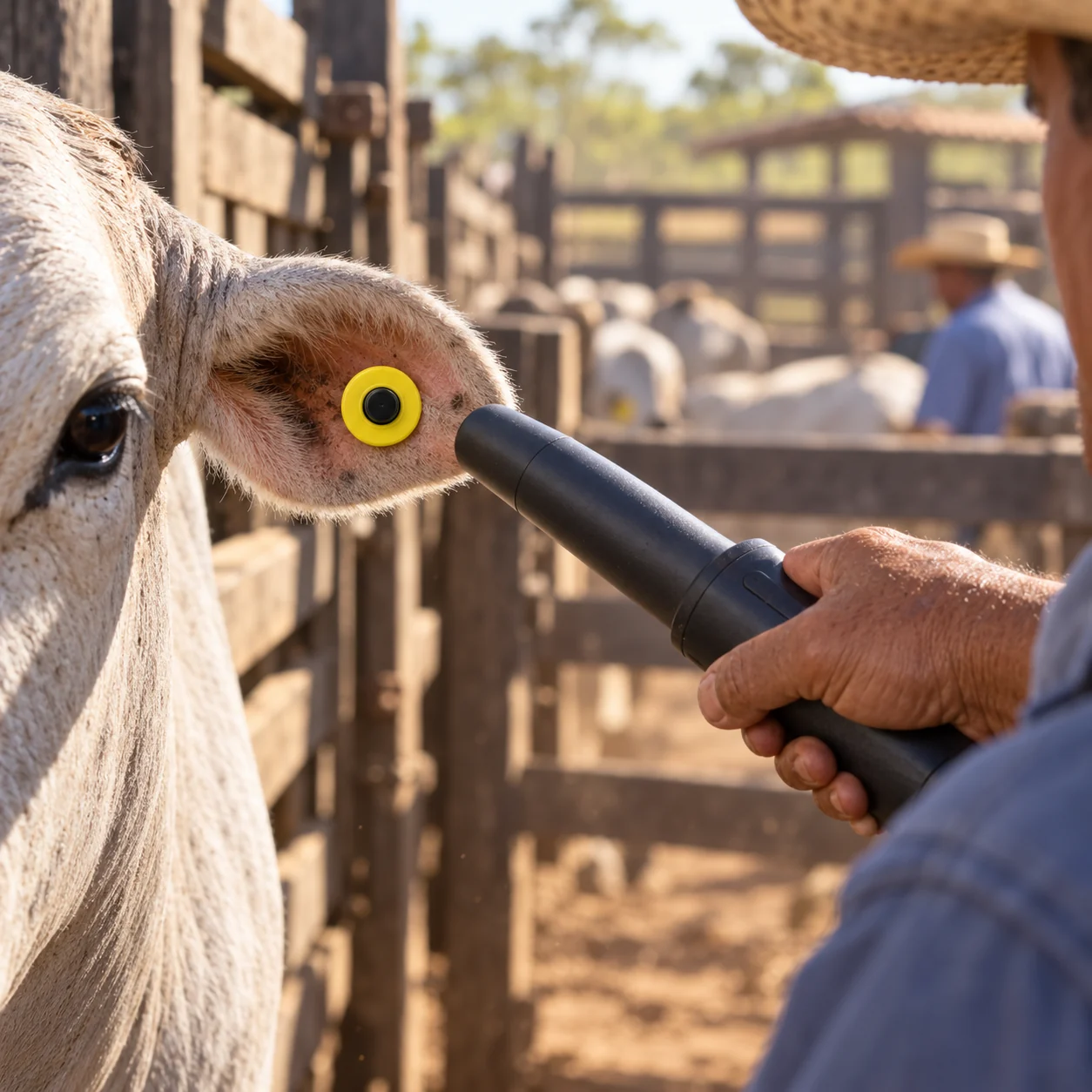 Pecuarista lendo o brinco eletrônico FDX-B na orelha do boi com bastão RFID portátil no curral