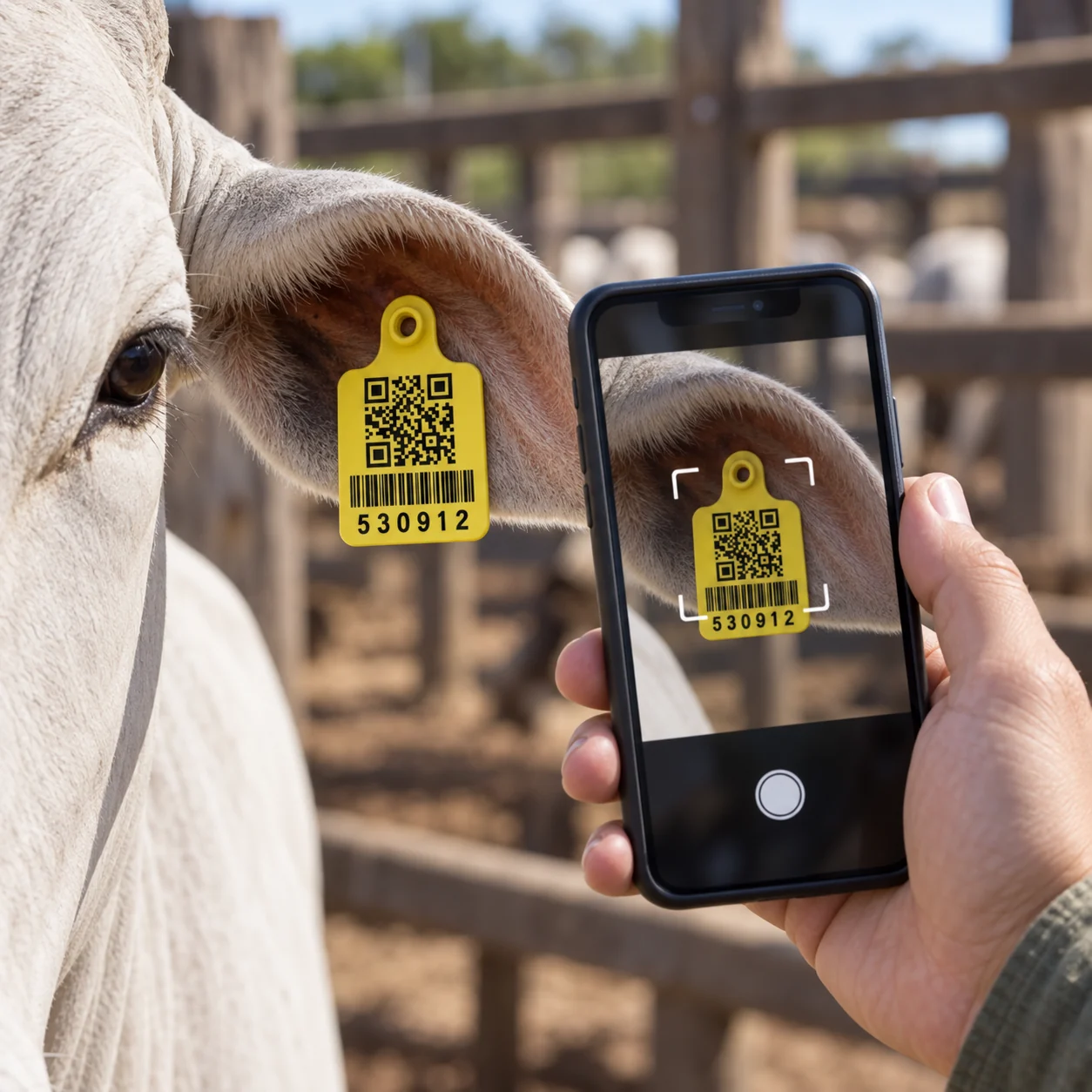 Leitura do QR Code do brinco bovino pela câmera de um celular comum, no curral