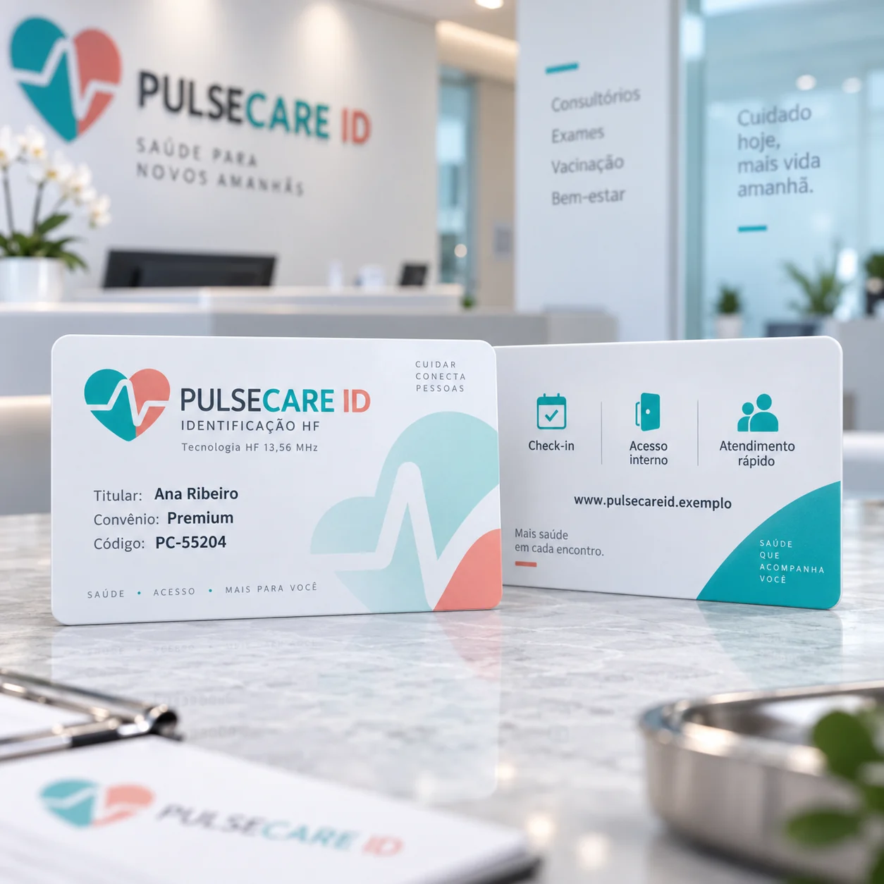 Cartão HF 13,56 MHz de identificação de paciente PulseCare ID, frente e verso, em recepção de clínica