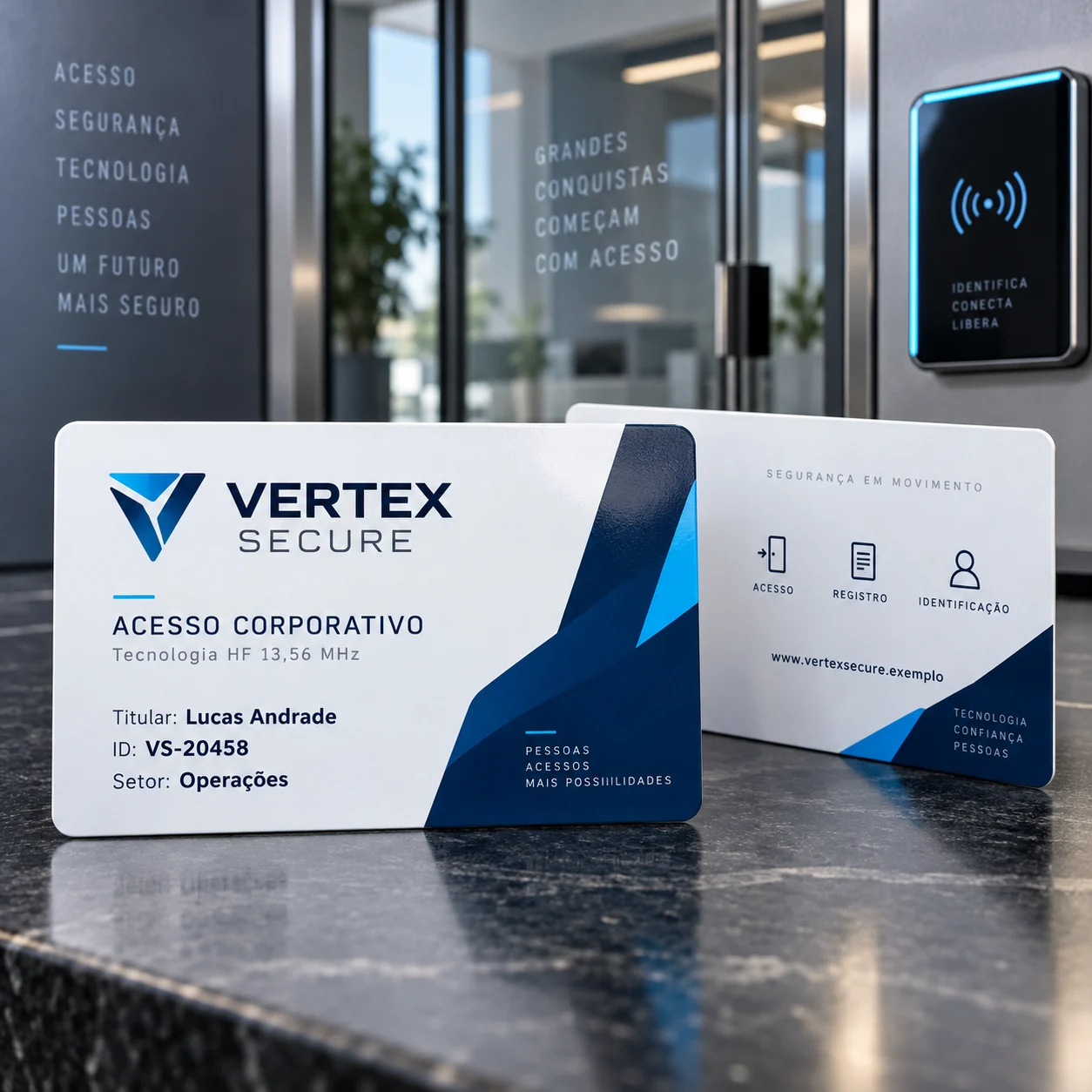 Cartão HF 13,56 MHz de acesso corporativo Vertex Secure, frente e verso, ao lado de leitor de proximidade