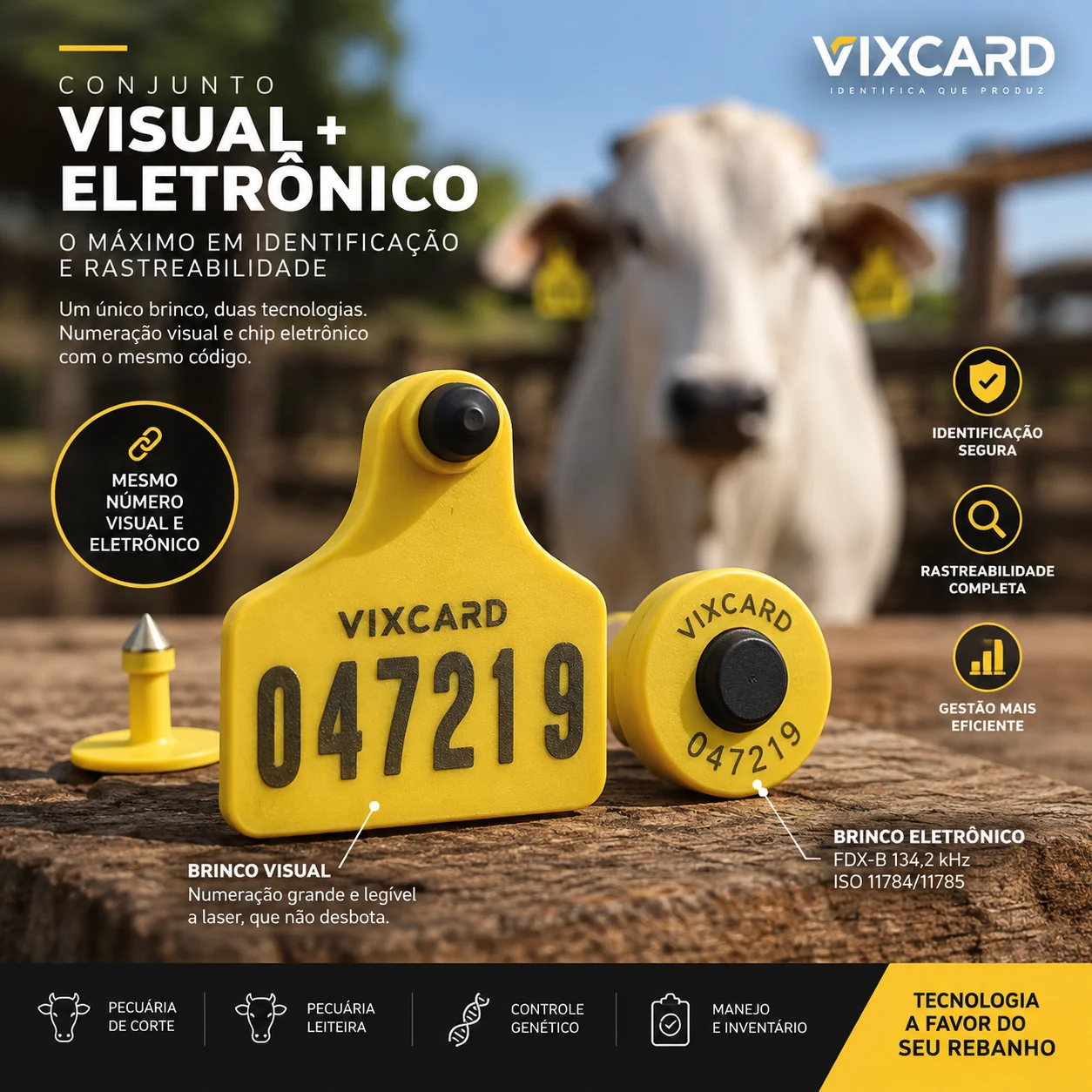 Conjunto Vixcard: brinco visual com numeração 047219 e brinco eletrônico FDX-B com o mesmo código