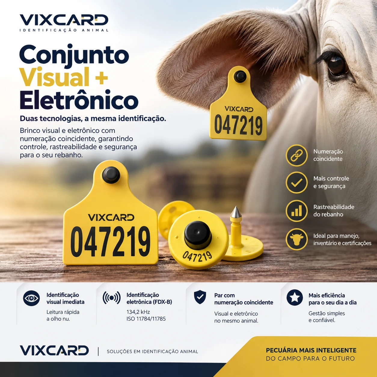 Par de brincos bovinos Vixcard com numeração coincidente, visual e eletrônico FDX-B 134,2 kHz