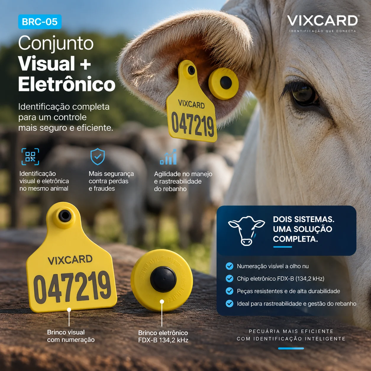 Conjunto visual e eletrônico Vixcard aplicado na orelha do bovino para rastreabilidade do rebanho
